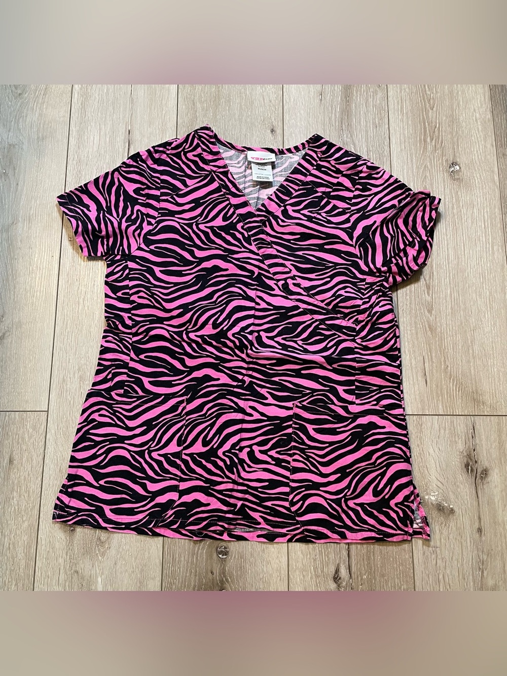 Scrub Star XS Pink Black Zebra Animal Print Mock Wrap Scrub Top Medical Uniform